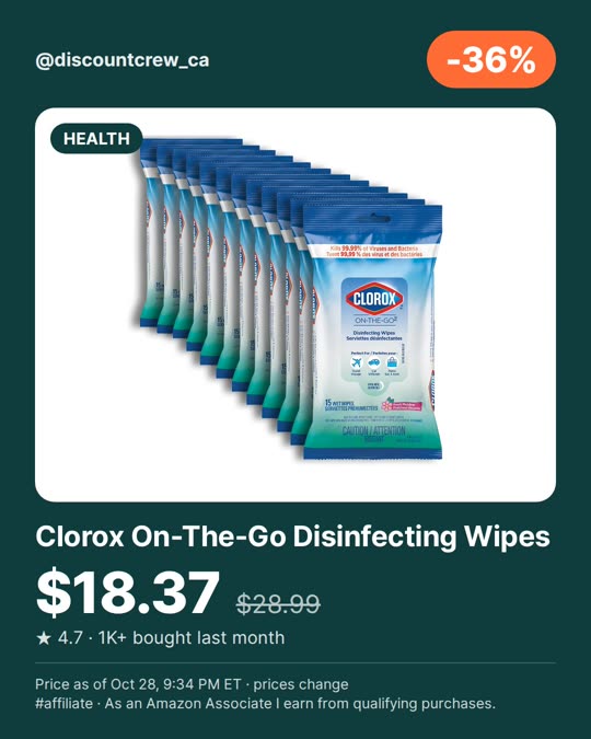 Clorox On-The-Go Disinfecting Wipes, -36%