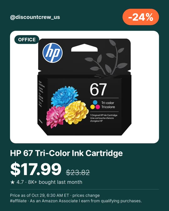 HP 67 Tri-Color Ink Cartridge, -24%
